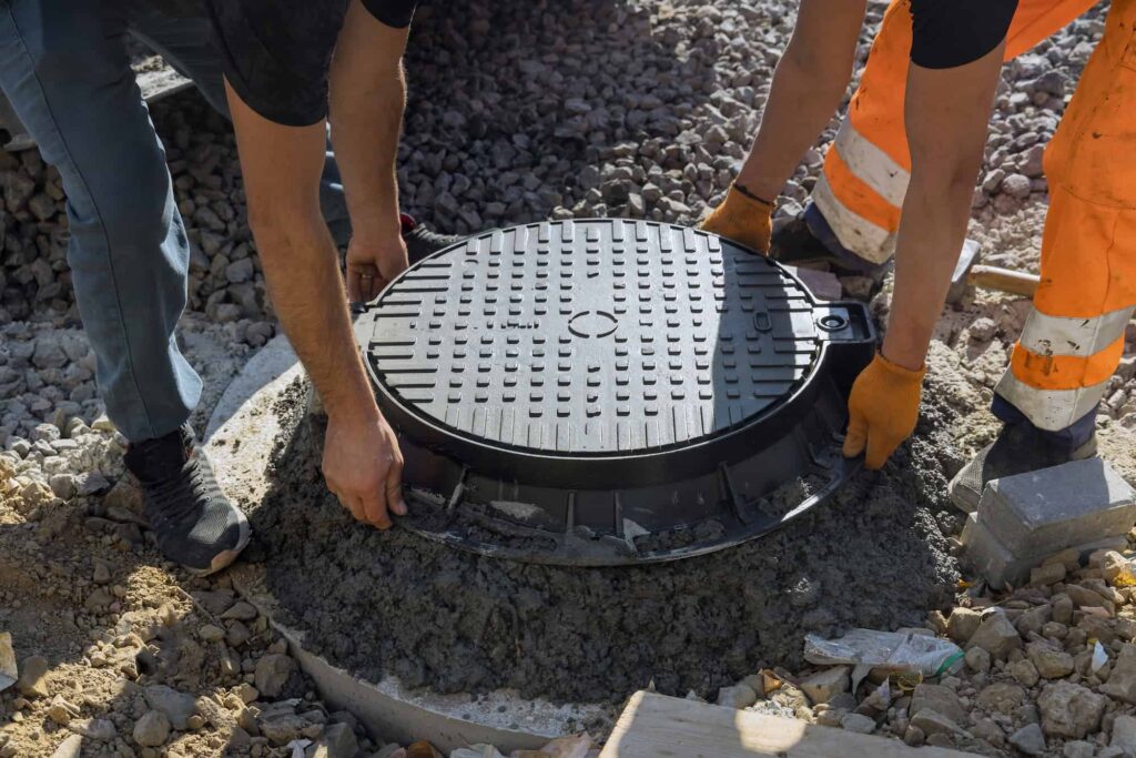 Plumber unclogging sewer line using professional drain equipment
