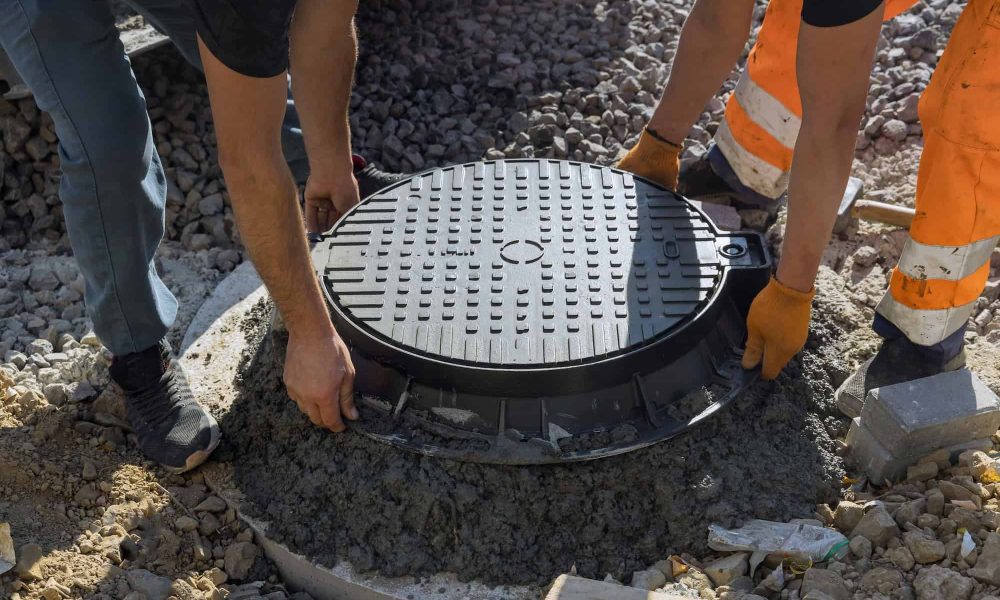 Plumber unclogging sewer line using professional drain equipment